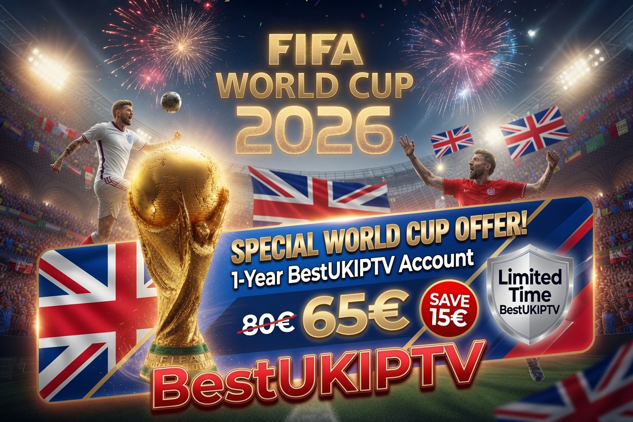 Promotional banner for FIFA World Cup 2026 offering a 1-year BestUKIPTV account, with a golden trophy, UK flags, and discount text.